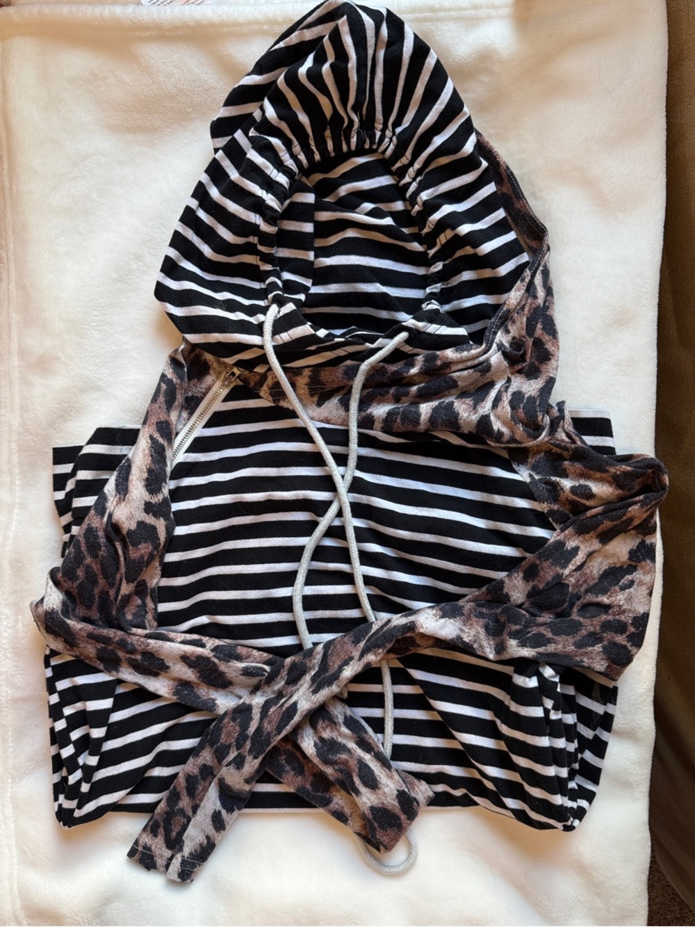 Black & White Striped Double Hooded Pull Over with Leopard Trim